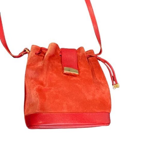 Authentic Vintage Courreges Red Suede Leather Draw String Bucket Bag Purse - Picture 2 of 16